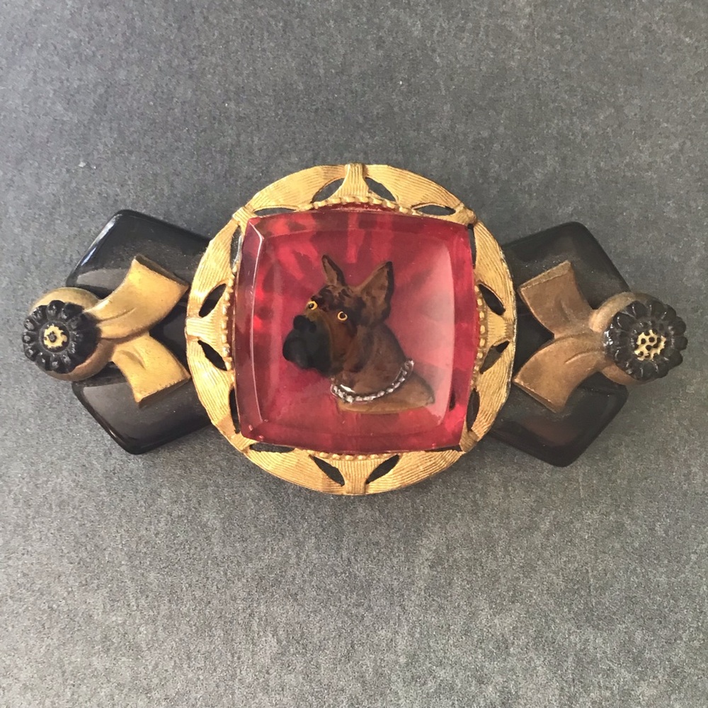 Resin Boxer Dog Brooch with Red and Black Accents